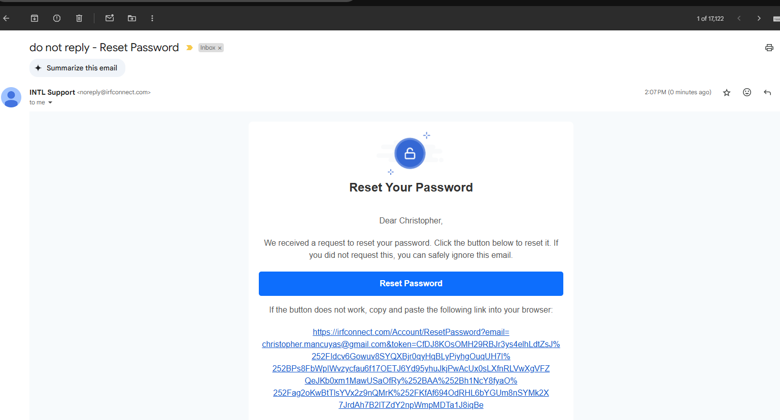 Password Reset Link Screenshot