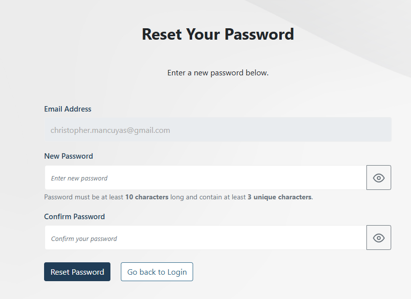 Reset Password Page Screenshot